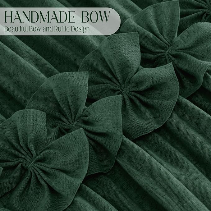 XOGUIBO Ruffle Shower Curtain with Handmade Bow Tie, Dark Green Linen Vintage Farmhouse Shower Curtain for Bathroom, 72" W x 72" H