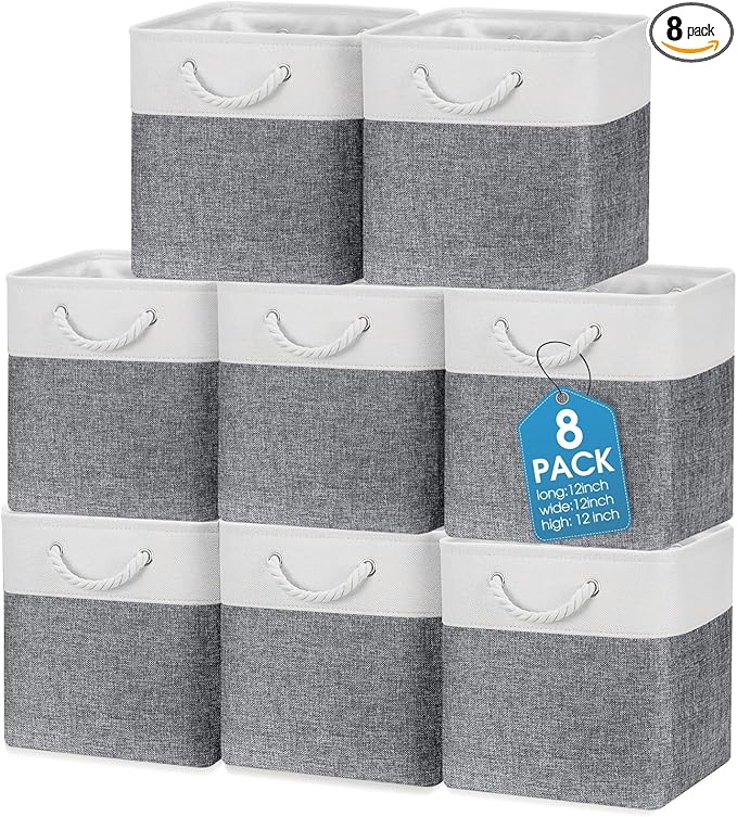 meekoo 8 Pack Collapsible Storage Bins Fabric Storage Bins Polyester Fabric Baskets with Handles Linen Closet Organizer for Shelf Home Closet Towels Toys(12 x 12 x 12 in,Gray White)