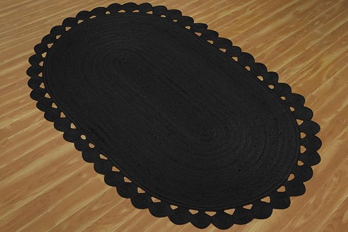 Oval Rug 10x18 Area Rug Solid Pattern Kilim Rug Black Solid Design 0.27 inches ThickIndoor Outdoor Rug Flatweave Rug Indian Artisans Rugs for Lake House Bedroom Dining Room Living Room