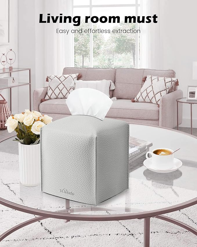 Tclouda Tissue Box Cover for PU Leather, Modern Simple Solid Color Holder Square Tissue Bag, Ideal for Bathrooms,Office,Car,Outdoor Tent,Dining Table,5"X5"X5", Single Light Grey