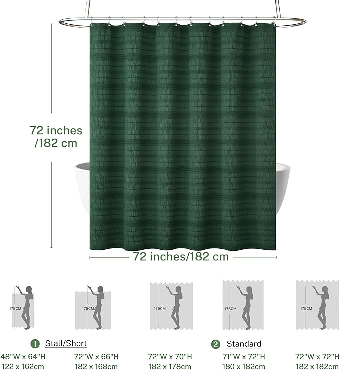 Siiluminisoy Dark Green Boho Shower Curtain, 72 x72 Cotton Blend Tufted Fabric Waffle Textured Farmhouse Shabby Chic Rustic Minimalist Striped for Bathroom, Hotel