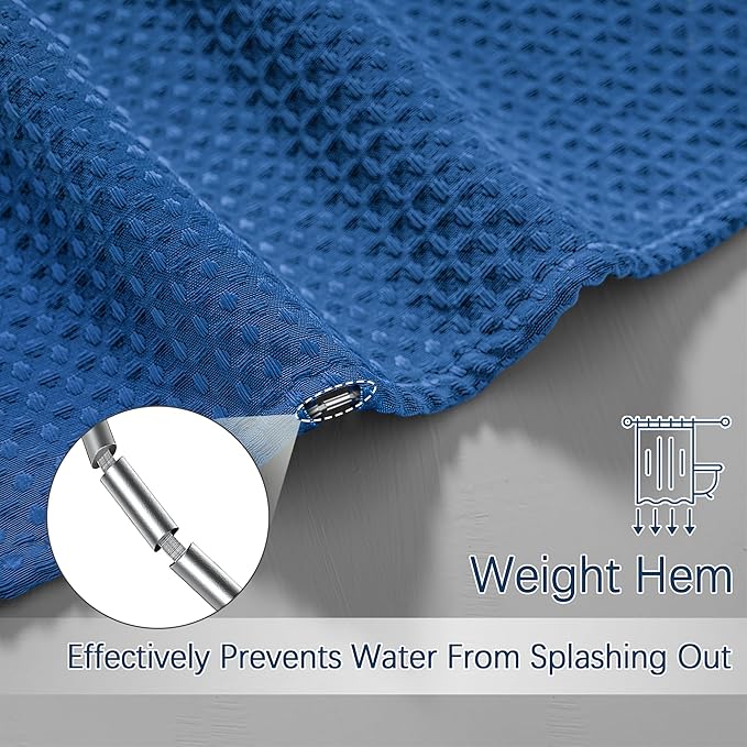 PANGSINNE Shower Curtain Classic Blue Waffle Textured, 256GSM Heavy Duty Weighted Fabric Shower Curtains, Hotel Quality Luxury Polyester Water Repellent Bathroom Curtain with 12 Hooks, 72Wx78H