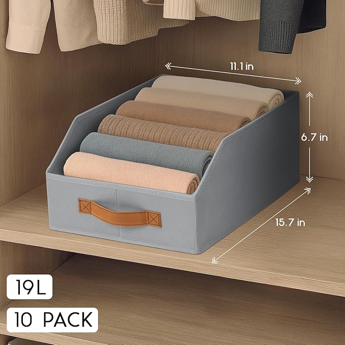 Homsorout Fabric Storage Bins for Organizing - 10 Pack Large Trapezoid Collapsible Storage Bins with Front Handle, Closet Organizers and Storage for Bedroom, Home Shelves, Small Spaces, Grey