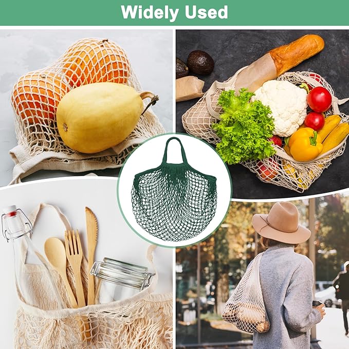 M METERXITY 2-Pack Cotton Mesh Bag, Reusable Washable Mesh Net String Grocery Bags, Reusable Produce Bags with Handle, Net Tote Bag for Fruits Shopping [Dark Green, Long&Short Handle]