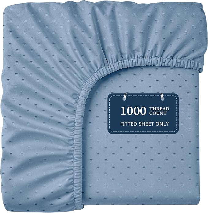 Lane Linen 100% Egyptian Cotton Full Size Fitted Sheet Only (55"x76" + 16") - Elegant Sateen Weave, Ultra Soft, Breathable, Highly Durable, Deep Pockets Upto 17" - Swiss Dot French Blue