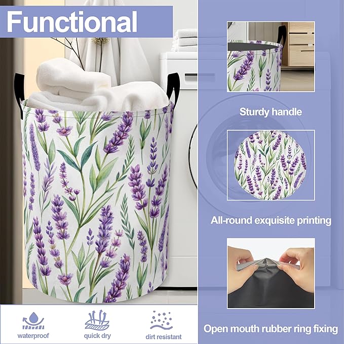 Laundry Basket,Purple Lavender Large Canvas Fabric Lightweight Storage Hamper Organizer Dirty Clothes Collapsible Waterproof for College Dorms,Bathroom