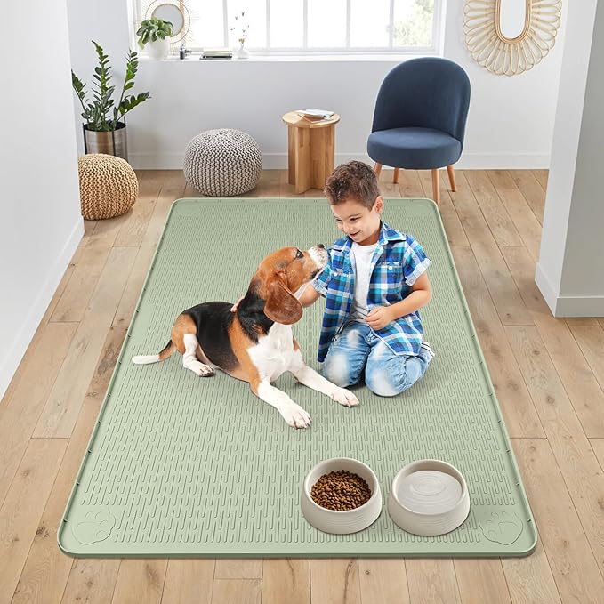 Bartuke Dog Food Mat, Extra Large 50" x 35" Silicone Pet Feeding Mat with Raised Edge Pet Placemat for Small, Medium, and Large Pets Non-Slip, Easy to Clean (Green)