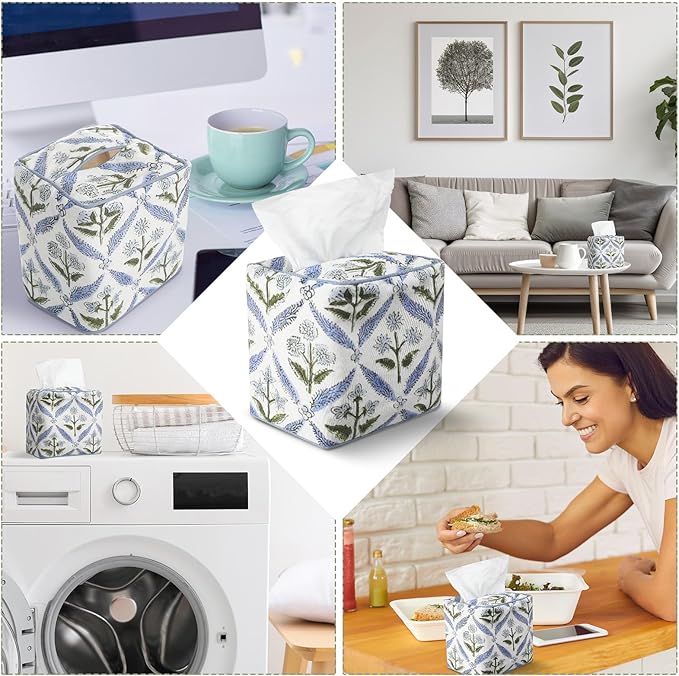 Mimorou Blue Fabric Tissue Box Cover - Floral Print Tissue Box & Decorative Square Napkin Holder Handmade Cotton for Home Bedroom Vanity Countertop Night Stands Office