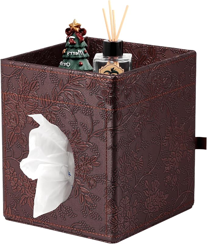 Lorteme Tissue Box Cover, PU Leather Square Tissue Box Holder with Upper Storage Tray for Bathroom/Countertop/Nightstand/Office Table - Antique