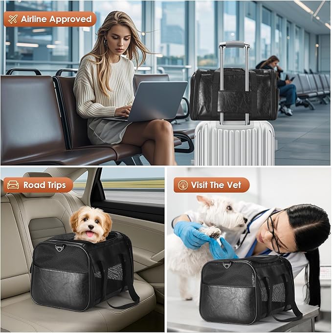 Monanller Fashion Leather Dog Carrier, Airline Approved Cat Carrier Soft Sided Pet Bag Carrier Purse for Puppy Kitten Small Animals Black