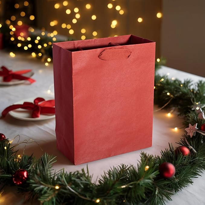 Prime Line Packaging Red Gift Bags, Kraft Paper Christmas Gift Bags with Handles for Kids, Holidays, Wrapping, Weddings, Party Favors, Small Shopping Bags, 8x4x10, 50 Pack