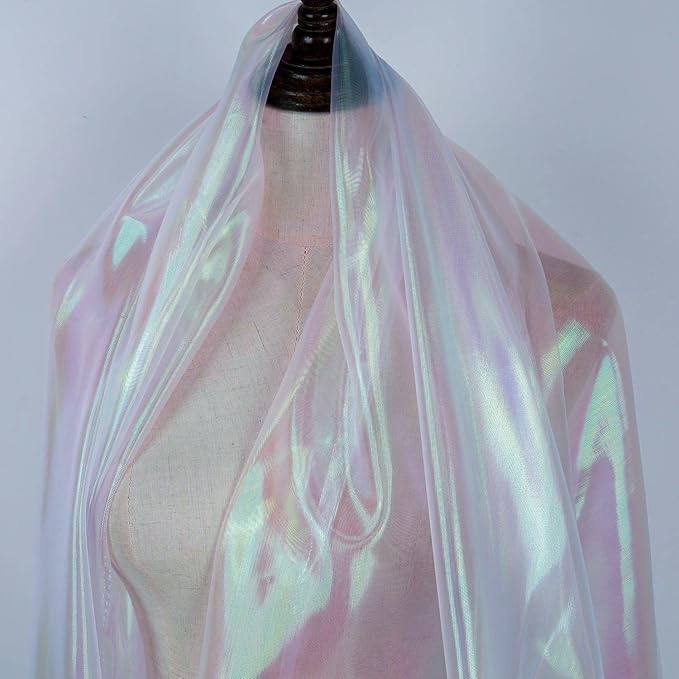 Sheer Iridescent Organza Fabric 58 Inches Wide - 10 Yards Precut - Shinny Wedding Party Decor Fairy Costume Voile Doll Clothes Sewing - White