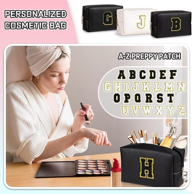 TOPEAST Preppy Patch Makeup Bag, Chenille Letter Pouch Cosmetic Bag, PU Leather Waterproof Toiletry Bag, Personalized Birthday Gift for Women Girl, Cute Stuff for Girls (Black B)