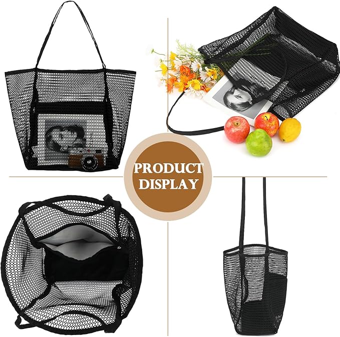Fammart Mesh Beach Bag, Large Beach Tote with Zipper Pocket for Family Pool Bag for Toys & Vacation Essentials