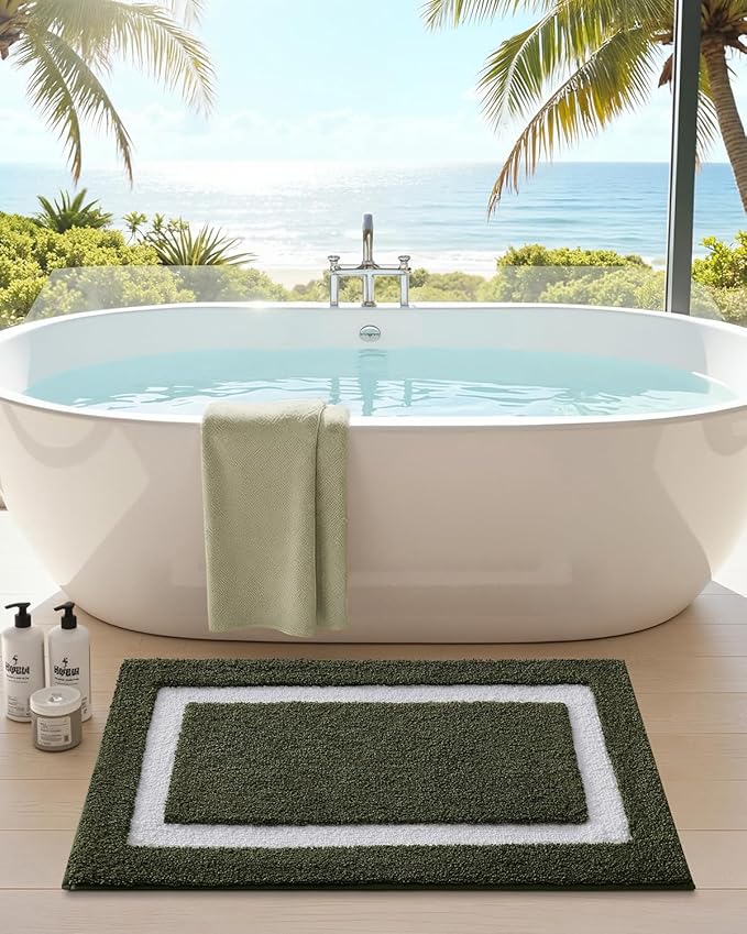 Color&Geometry Bathroom Rugs, Water Absorbent and Quick Dry Microfiber Bath Rugs-20"x32", Non-Slip, Machine Washable, Extra Soft Plush Bath Mats for Bathroom, Laundry Room, Green White