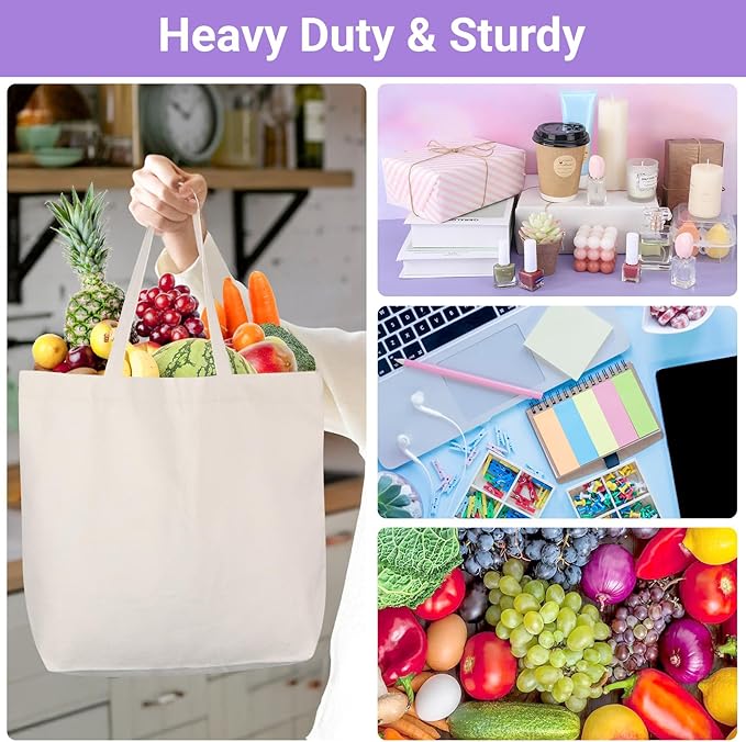 Segarty Canvas Tote Bag, 12 Pack 17.7x13.78x5.9 Blank Canvas Tote Bags for Women, Reusable Tote Bag with Natural Cotton and Shoulder Strap, Bulk for DIY, Grocery Shopping, Beach, Travel，Gift