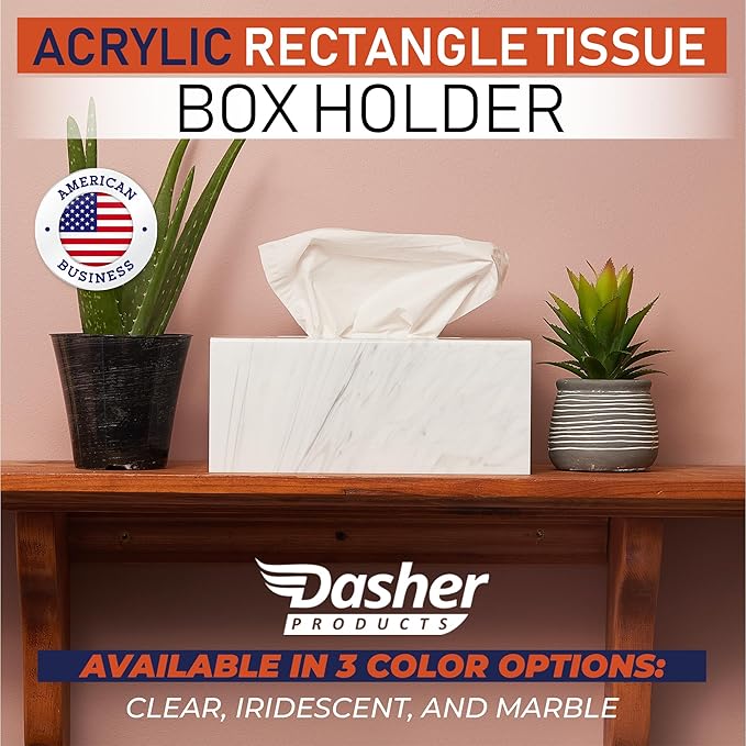 Acrylic Tissue Box Holder, Clear Dispenser for Facial Tissues, Napkins, and Dryer Sheets. Perfect for Bathrooms, Desks, Countertops, Vanities, Bedrooms, and Nightstands (Rectangle, Marble)