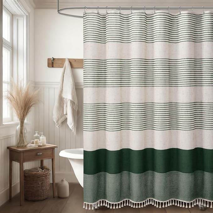 XOGUIBO Dark Green Shower Shower Curtain Boho Linen Striped Shower Curtains for Bathroom with Tassel 72 X 72