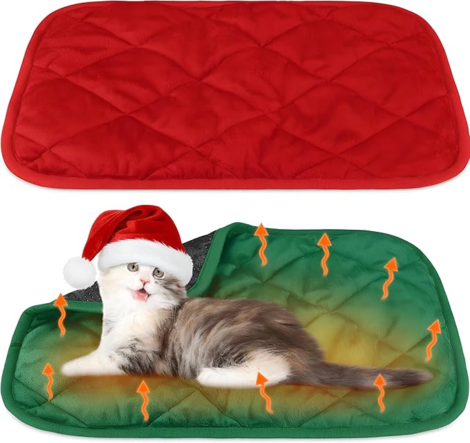 Clysee 2 Pack Self Heating Cat Mat Self Warming Pet Pads Washable Kennel Mat Dog Crate Pad Reflects Body Heat Non Skid Cat Thermal Pads for Puppy Indoor Outdoor (Red, Green,16 x 20 Inches)