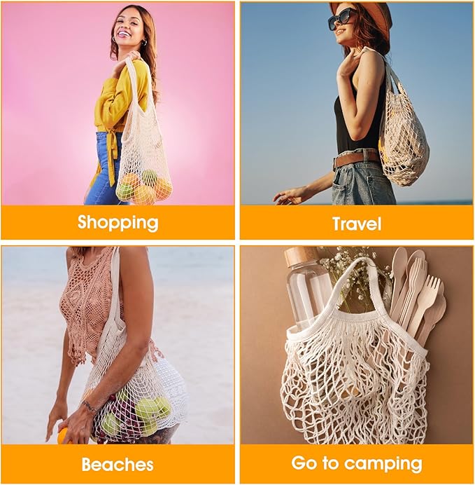 Nodaaiie 12 Pack Reusable Cotton Mesh Grocery Bags Farmers Market Bag Eco-Friendly Washable Net Tote Bag with Long Handles for Fruits, Vegetables, Shopping, and Beach (Beige, 23.6"×14")