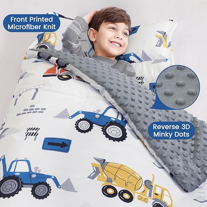 PHF Toddler Nap Mat with Removable Pillow and Minky Fleece Blanket, Rollup Design Warm Slumber Bags for Boys, 52"x20" Kids Sleeping Bag for Daycare Preschool Travel Camping, Truck and Digger