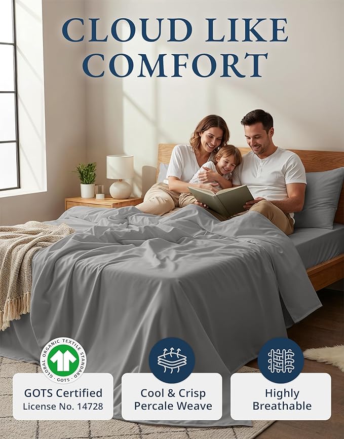 LANE LINEN 100% Organic Cotton Mercerized Queen Sheets, Soft & Comfy Naturally Cooling Cotton Sheets Queen Size Set, Classic Percale Weave Low Pill Fade Resistant Queen Bed Sheets- Silver