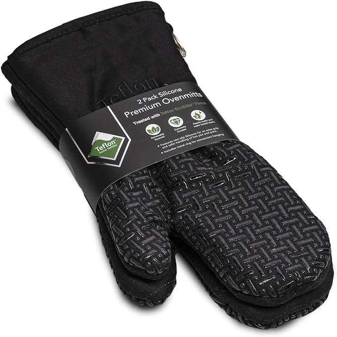 Xlnt Extra Long Oven Mitts (Black) | Teflon EcoElite Water Repellent | Heat Resistant for Oven Cooking, Grill & BBQ | Non Slip Gloves with Teflon EcoElite Finish, Cotton Lining & Hanging Loop