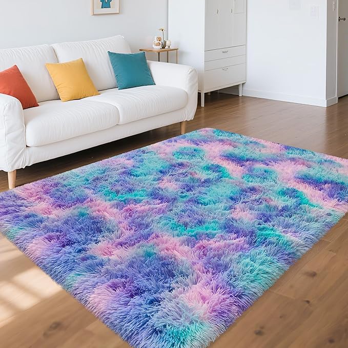 4x6ft Tie-Dyed Purple Rainbow Carpet Soft Area Rugs for Girls Room, Fluffy Colorful Rug Cute Floor Carpets Shaggy Playing Mat for Kids Baby Girls Bedroom Nursery Home Decor