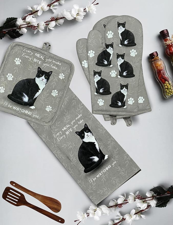 Black and White Cat 3-Piece Kitchen Set - Oven Mitt, Pot Holder & Kitchen Towel Set, Heat Resistant up to 420 F, Soft Quilted Cotton for Cooking, Baking, BBQ, Pet Lover Gifts (Black and White Cat)
