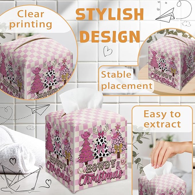Howdy Christmas Tissue Box Holder, Pink Checkered Cowgirl Western Christmas Trees Leather Tissue Box Cover Square, Paper Facial Decorative Tissues Cover for Bathroom Office Home Decor-B07