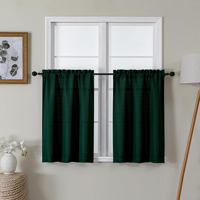Lecloud Bessie Hunter Green Kitchen Curtains 30 Inch Length 2 Panels, Classic Faux Linen Cafe Short Curtains, Rustic Airy Tiers Window Treatments for Living Room Laundry Room, Each 30" W x 30" L