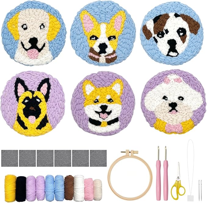 Punch Needle Coaster Kit for Adults Beginners, Easy Punch Embroidery Starter Set with Instructions – Fun Mug Rug Making Kit for Table Decor & Festival DIY Gifts (6pcs Cute Dogs)