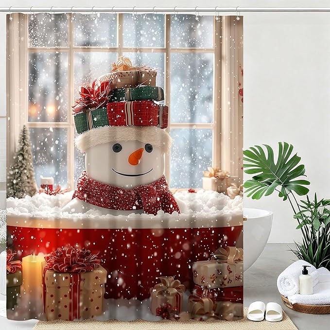 mutakin Winter Christmas Shower Curtain Cute Snowman Snowflake Shower Curtains for Bathroom Waterproof Fabric Bath Curtain Decor with Hooks