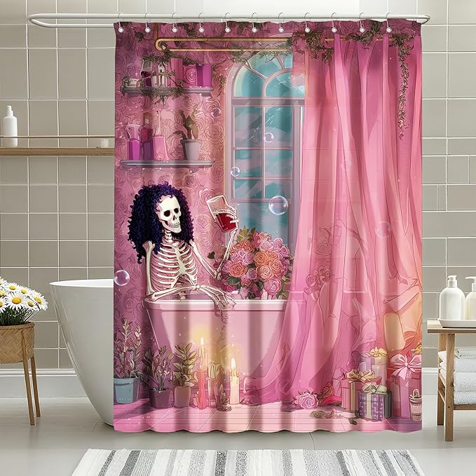 mutakin Gothic Skull Shower Curtain Funny Retro Floral Shower Curtains for Bathroom Waterproof Fabric Bath Curtain Decor with Hooks