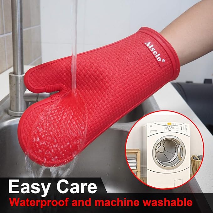Oven Mitts Heat Resistant Silicone Kitchen Gloves for 550 Degrees with Waterproof and Non-Silp, Set of 2 Oven Gloves for Baking Cooking Barbecue Microwave Machine Washable (Red, 2)