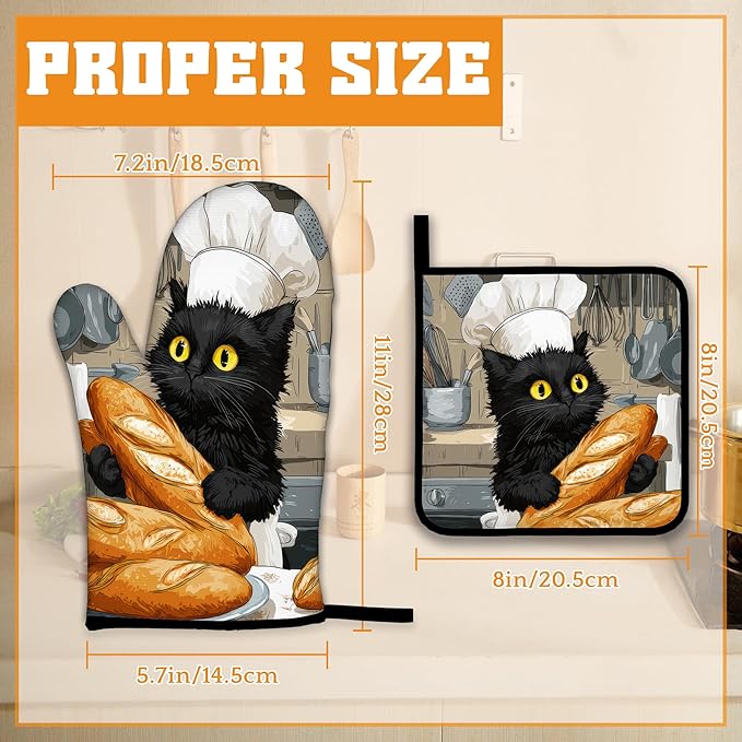 Cute Black Cat Oven Mitts and Pot Holders Set,Chef Kitchen Decor Heat Resistant Non Slip Hot Pads and Oven Mitt for Chef Cooking Baking BBQ Mom Girl Gifts(4 Piece Set)