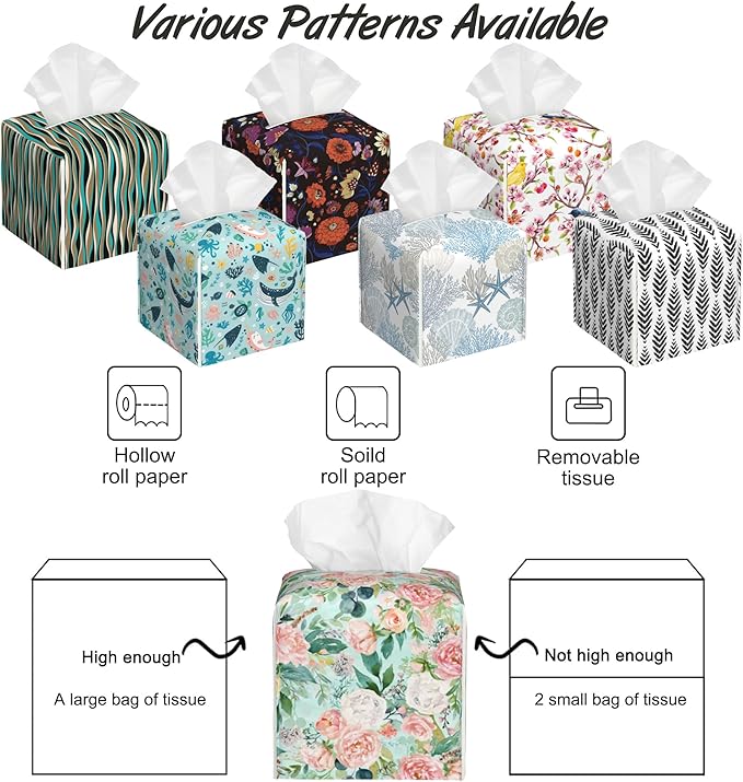 Watercolor Floral Tissue Box Cover Square,Flowers and Leaves Tissue Box Holder with Belt Bottom,Stylish Leather Napkin Holder for Vanity Countertop,Nightstands,Office Desk,5.2"×5.2"×5.2"