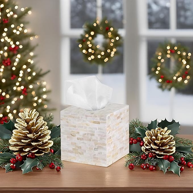 PEMAR 5.9″ Handmade Mother of Pearl Tissue Box Cover – Acacia Wood Cube, 5.35″ Interior Fits 5″ Square Boxes, Sliding Bottom, Lacquer Rustic Farmhouse Decor (Milano)