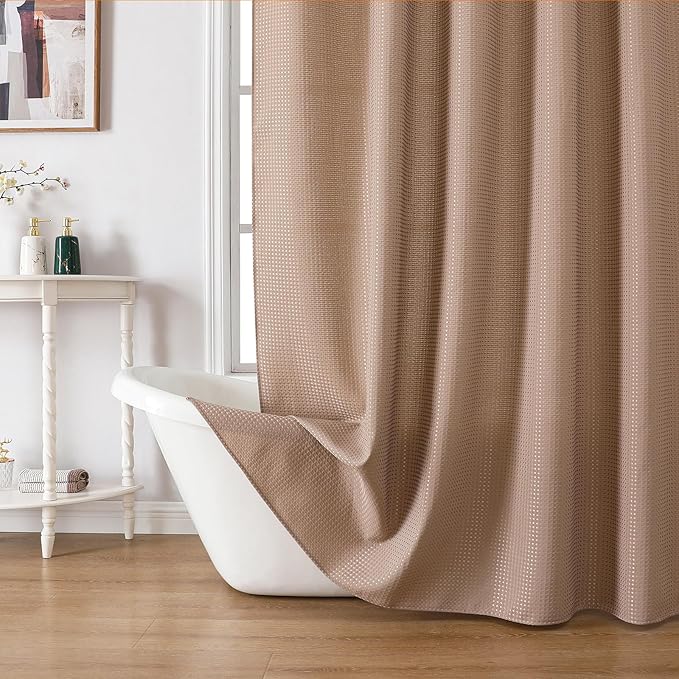 meioro Beige Shower Curtain, Waffle Weave 256GSM Heavy Duty Textured Fabric Shower Curtains for Bathroom Hotel Spa, Luxury Weighted Polyester Cloth Bath Curtain Set with 12 Hooks, 72Wx84H