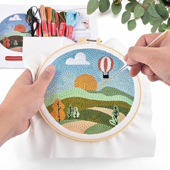 ERKOON Punch Needle Kit Adults Beginners, DIY Easy Landscapes Embroidery Set for Starter Art Craft, Needling Punch Project with Patterns, Tools, Yarns, Hoop, Instruction (Spring)