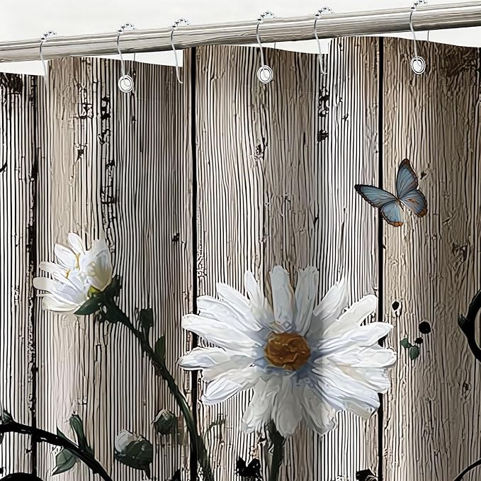 mutakin Rustic Grey Floral Shower Curtain Butterfly Flowers Shower Curtains for Bathroom Waterproof Fabric Bath Curtain Decor with Hooks