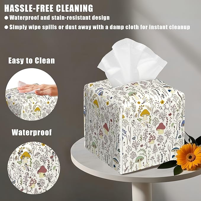 BLYKVGHQ Colorful Wild Plants and Mushrooms Tissue Box Cover Square, Tissue Box Holder with Bottom Belt Leather Facial Paper Organizer Dispenser for Bathroom Bedroom Dresser Night Stand Tabletop
