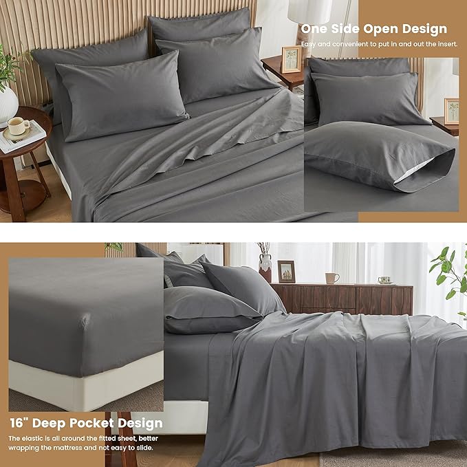 Simple&Opulence Belgian Linen Sheet Set Solid Color - 6 Pieces (1 Flat Sheet & 1 Fitted Sheet & 4 Pillowcases) 16" Deep Pocket Natural Flax Cotton Blended Soft Bedding - Dark Grey, King Size