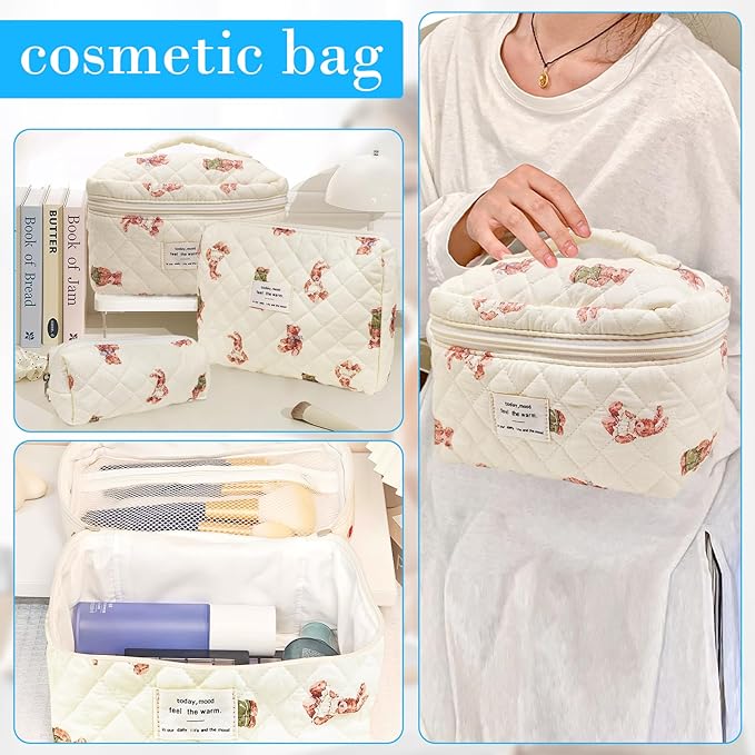 Cozomga Quilted Makeup Bag, Large Capacity Travel Cosmetic Bag for Women and Girls, Aesthetic Storage for Daily and Travel Use (3pcs-Littlebear)