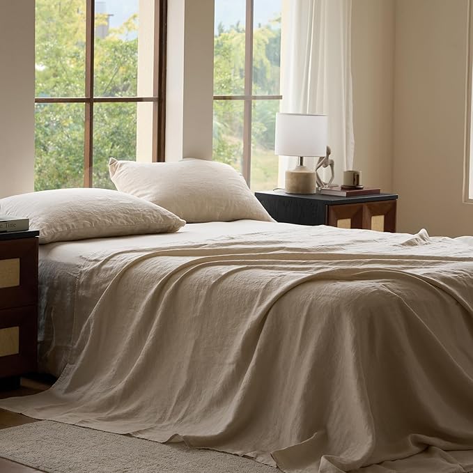 Sijo Stone Washed Organic French Linen Bed Sheet Set, GOTS Certified Organic, Best Cooling Linen Sheet Award by Sleep Foundation, 3 Piece - 2 Pillowcases and 1 Fitted Sheet (Classic, Cal King)