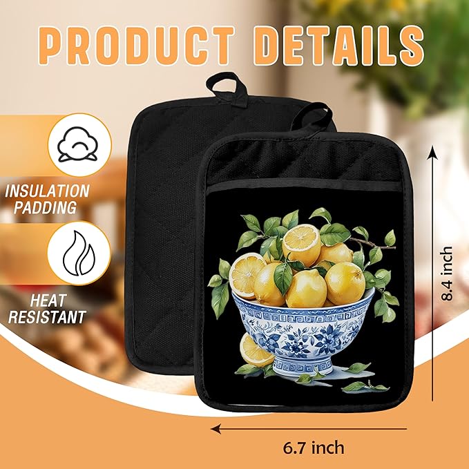 Chinoiserie Lemon Pot Holders with Pockets, Blue and White Grandmillennial Lemon Tree Oven Pot Holders Heat Resistant Oven Mitts Hot Pads for Kitchen Baking Cooking