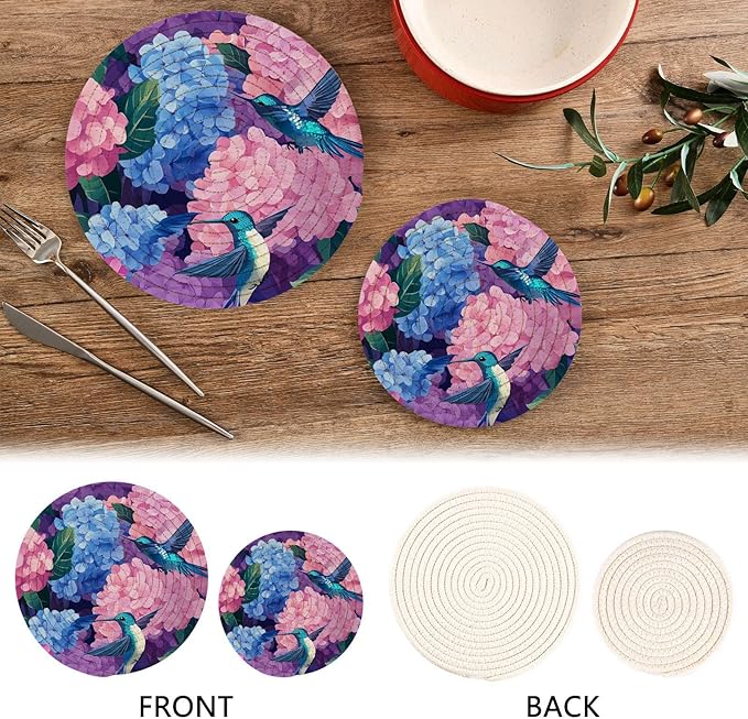 Pink Hydrangea Hummingbird Trivets for Hot Dishes Pots and Pans Potholders Woven Trivet Cotton Round Large Pot Holder Decor Heat Resistant Hot Pads Mat for Table Counter Cooking Potholder Set o