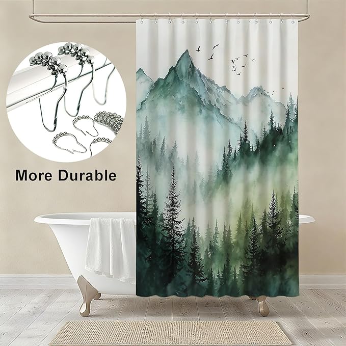 mutakin Mountain Tree Shower Curtain Watercolor Landscape Shower Curtains for Bathroom Waterproof Fabric Bath Curtain Decor with Hooks
