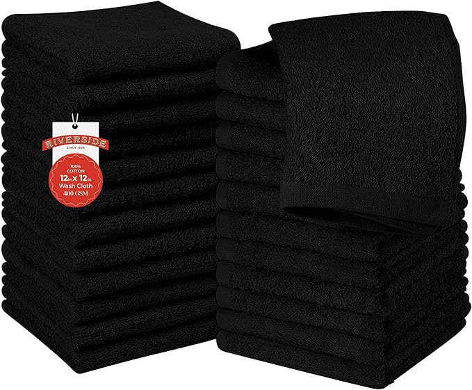 RIVERSIDE 24 Pack Washcloths Set - 100% Cotton [12x12 Inches] - 500 GSM, Soft, Quick-Dry & Highly Absorbent Face Towels - Perfect for Bathroom, Gym, Hotel, Spa & Travel - Black
