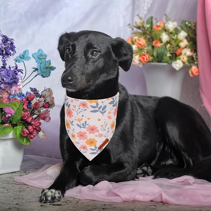 ADOGGYGO Floral Dog Bandanas 2 Pack, Triangle Reversible Pink White Flower Dog Scarf, Premium Durable Fabric, Pet Floral Bandanas for Medium Large Dogs (Large)